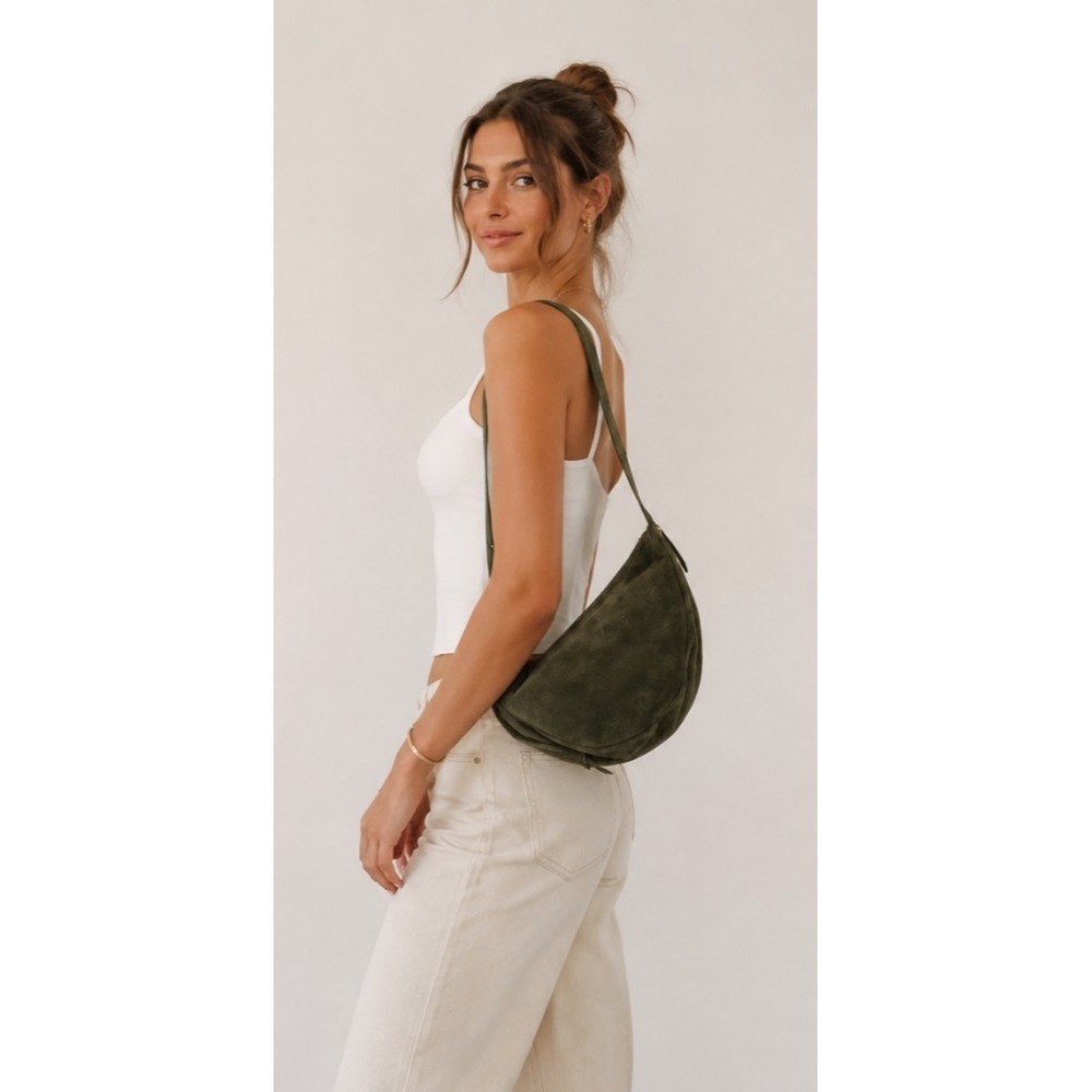 NWT The Sak Womens Tess Leather Sling Crossbody bag Moss Suede Minimalist